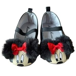 Disney baby infant girls black minnie mouse fuzzy ears shoes 9-12 months